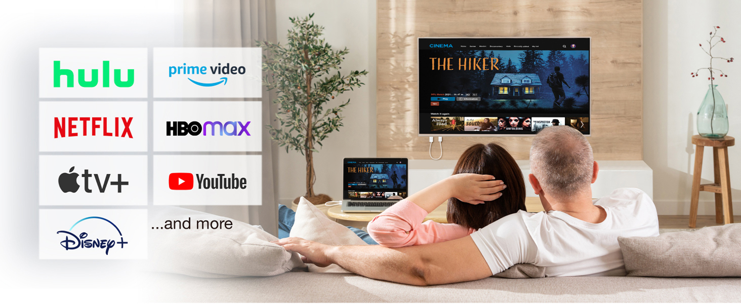Enjoy streaming services from Netflix, YouTube, and Disney+ with EZCast Mate 2.